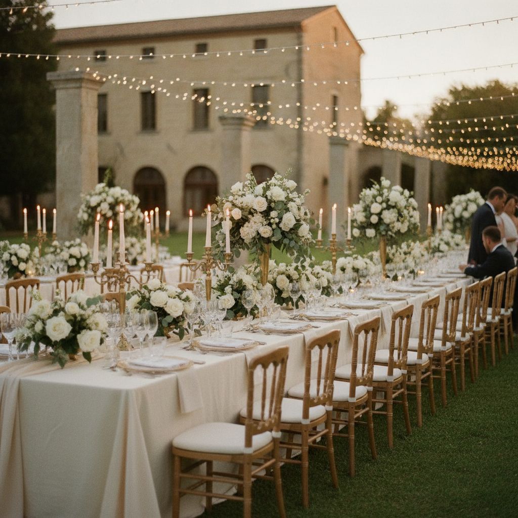 An elegant garden-estate wedding reception tablescape with soft natural light